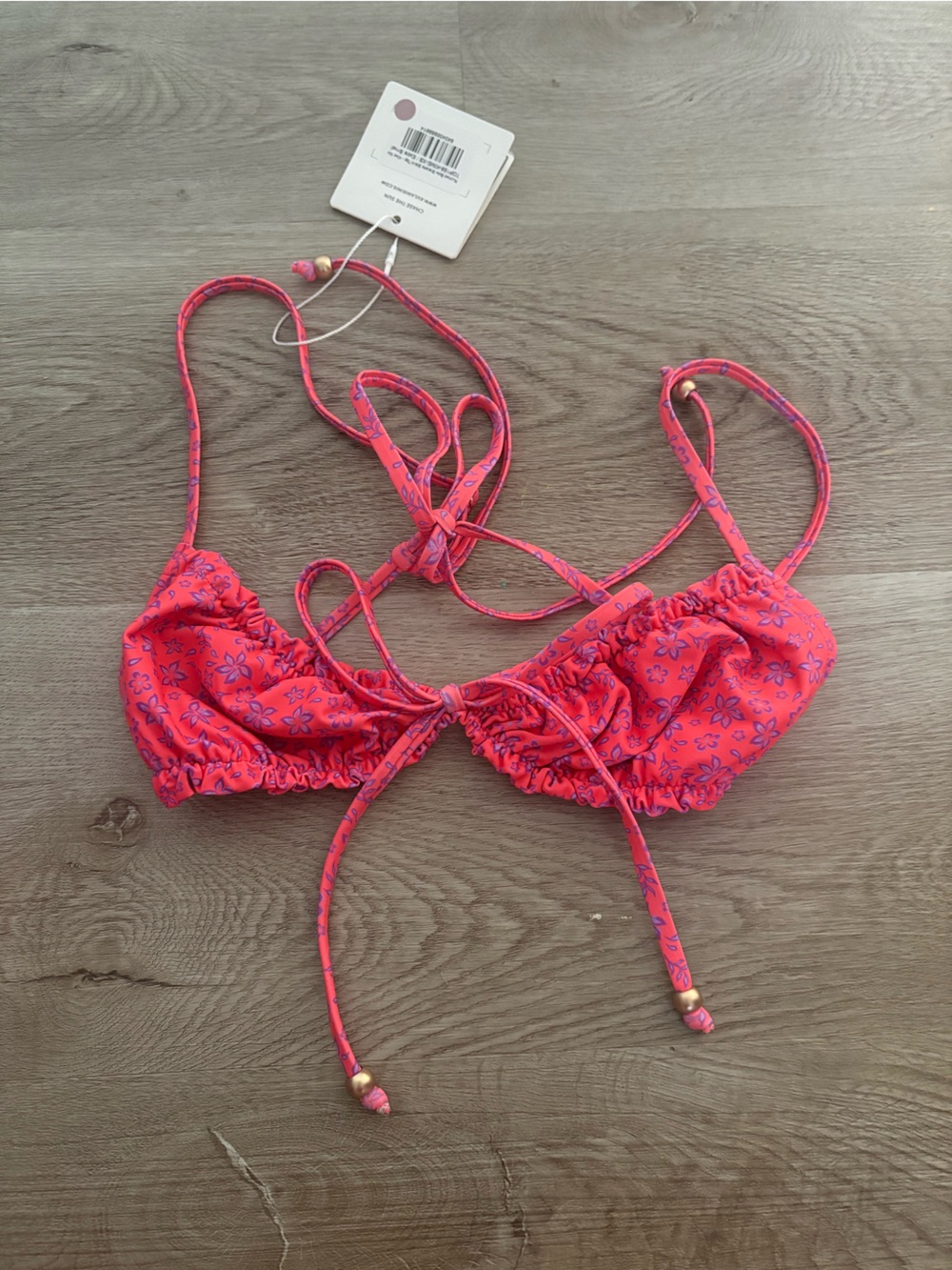 NWT Kulani Kinis Pink and Purple Floral Ruched Bow Bralette Bikini Top